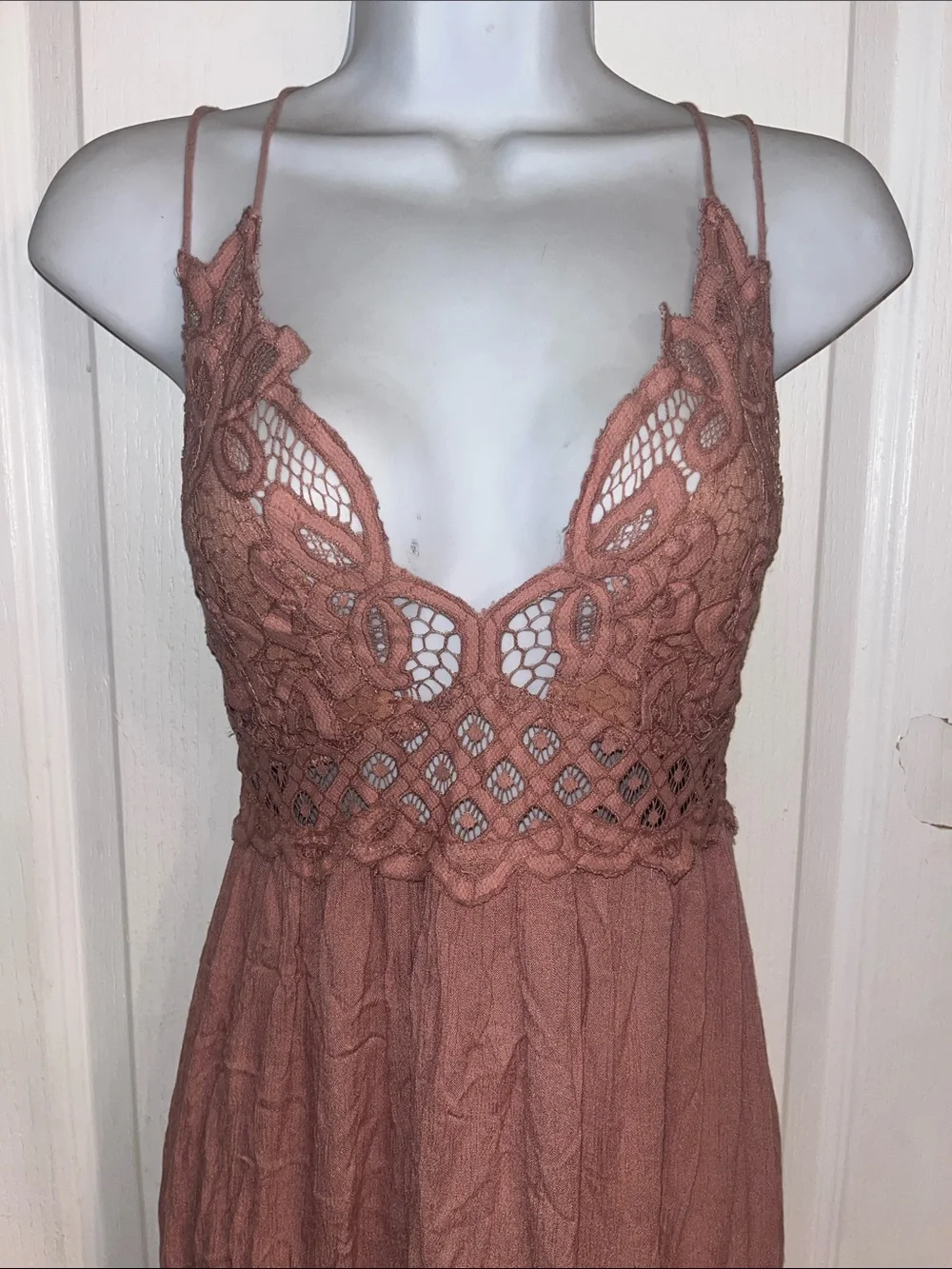 Free People Adella Maxi Slip Dress in a dusty rose color, featuring a crocheted